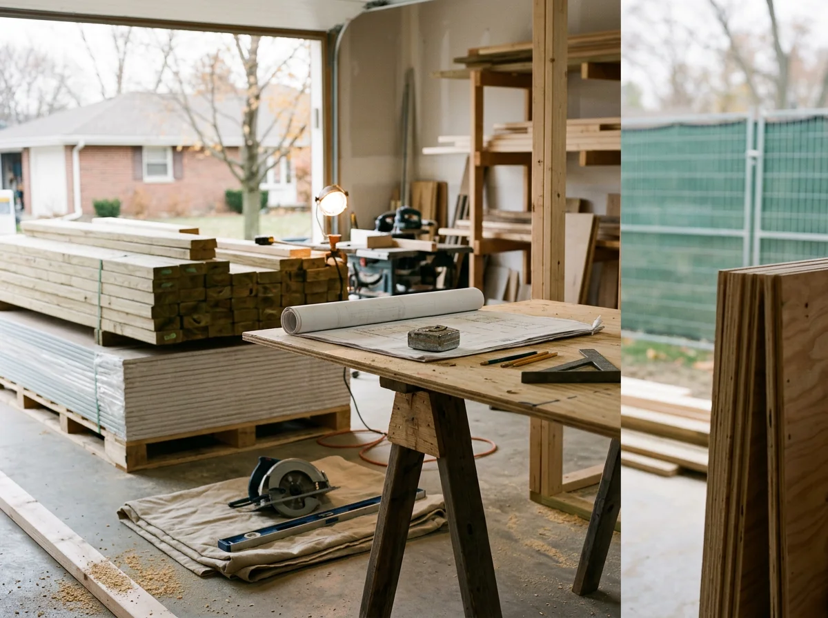 Tools and materials arranged on a job site for a remodeling project. Clean work area ready for the next stage of construction.