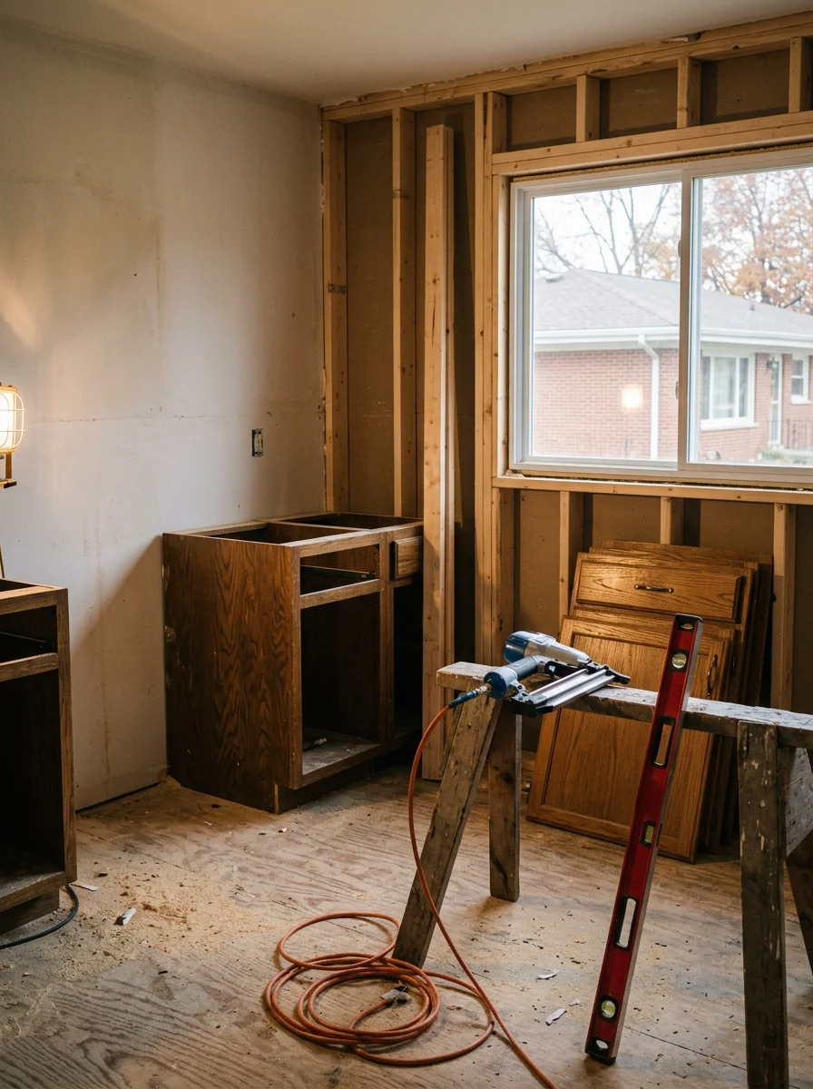 Kitchen remodel in a 1970s Batavia, IL north-side home with original cabinets removed and new layout framing in progress.