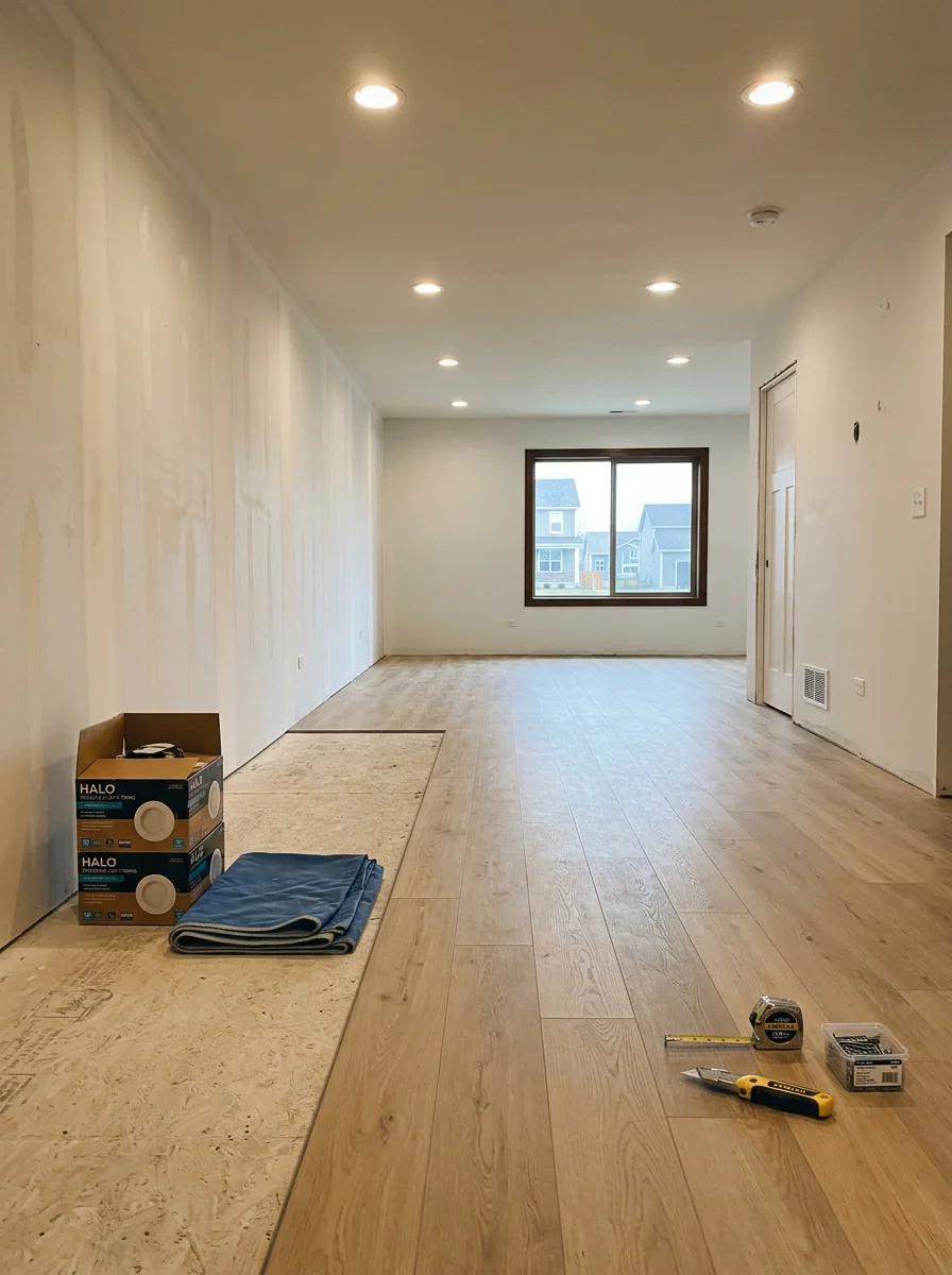 Finished basement living space in an Elburn, IL subdivision home showing drywall, recessed lighting, and new flooring after a remodel.