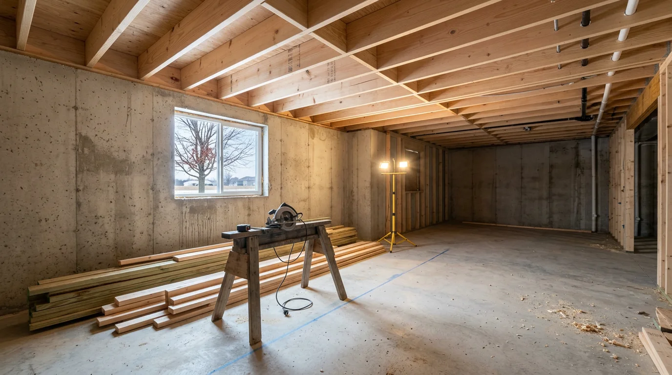 Unfinished basement in a 2000s-era Elburn, IL single-family home being framed for a remodel, with concrete walls and open floor joists visible.