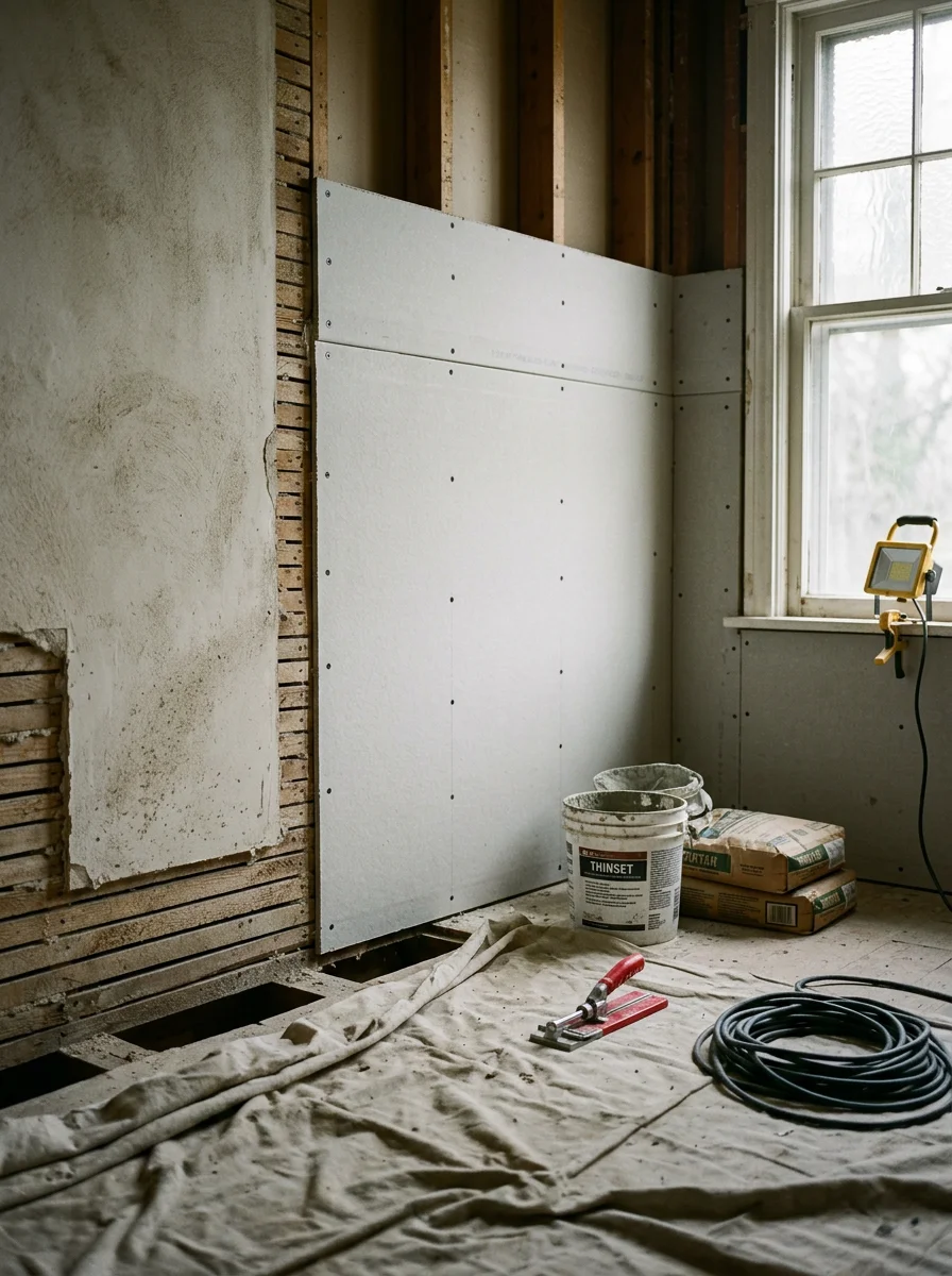 Bathroom renovation in a historic Geneva, IL home near the Fox River, with original tile removed and new backer board installed on walls.