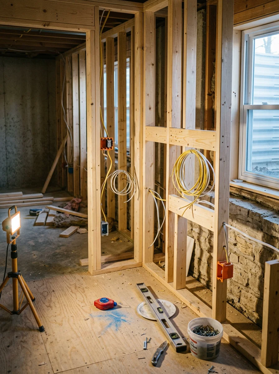 Basement remodeling project in a two-story St. Charles, IL home showing new partition walls framed and electrical rough-in in progress.