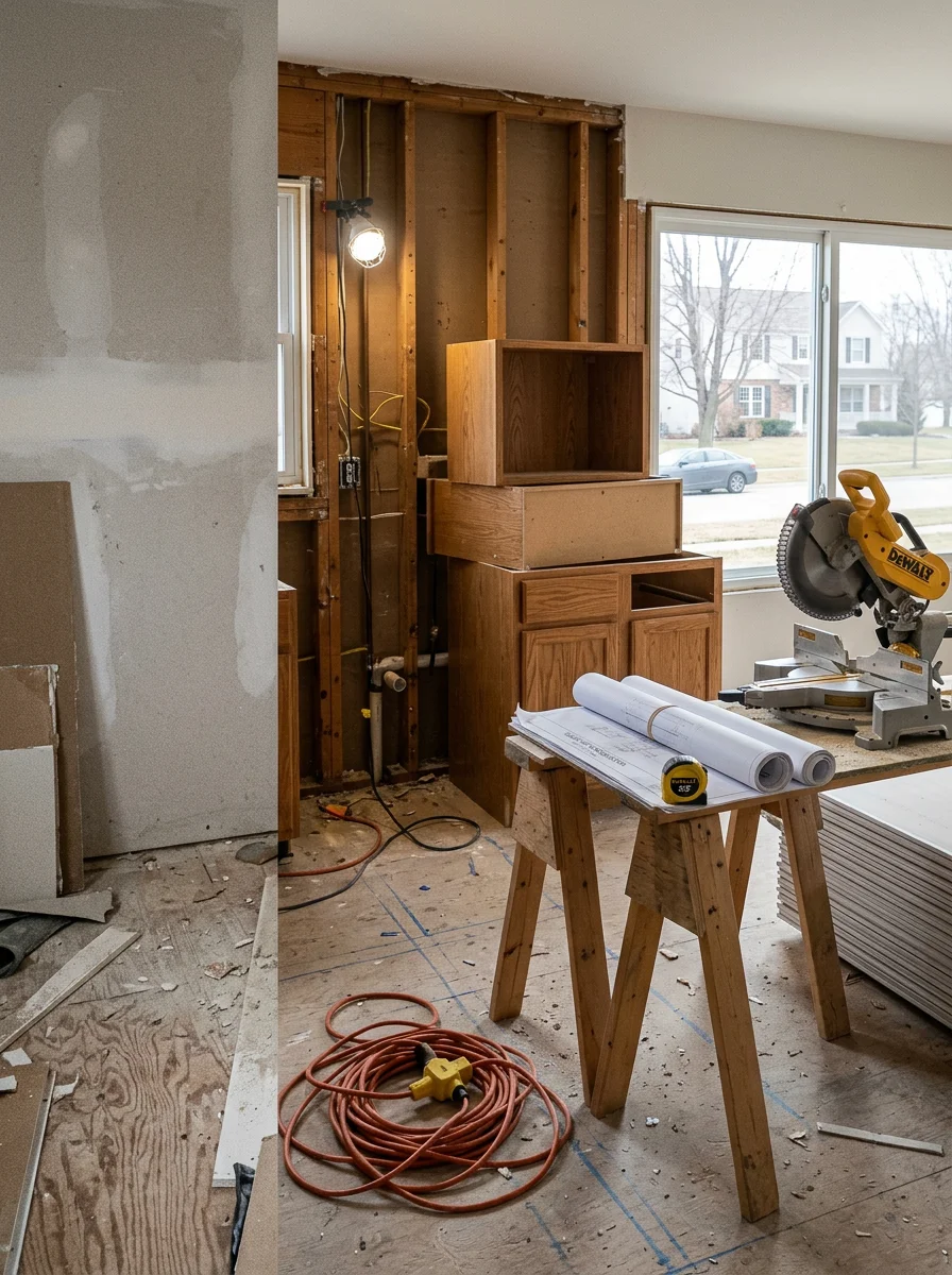 Kitchen remodel in a 1990s Sugar Grove, IL home showing original cabinets removed and new layout preparation with open walls and subfloor visible.