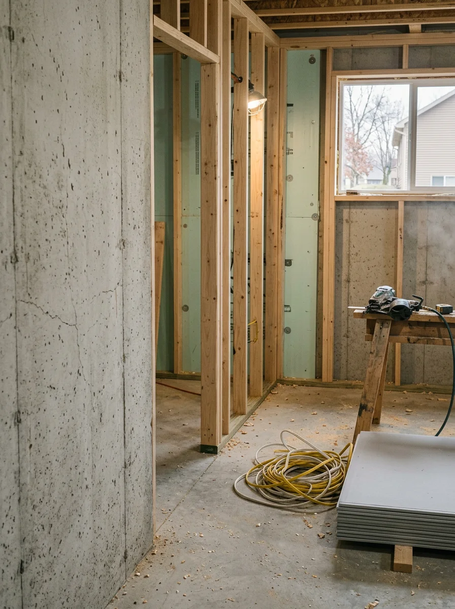Basement finishing project in a newer Sycamore, IL subdivision home showing insulated foundation walls and framing for partition walls in progress.