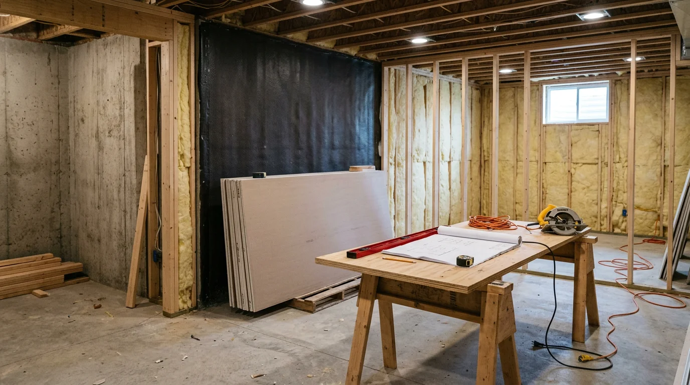Finished basement in an Elburn, Illinois home with framed walls, recessed lighting, and drywall completed by DAmore Contractors. The space shows a clean, livable room converted from an unfinished concrete foundation area.