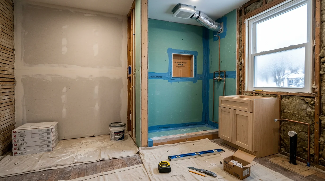 Finished bathroom remodel in an Elburn, Illinois home showing a walk-in shower with wall surround panels, a wall-mounted vanity, and updated fixtures. The room reflects a compact layout redesign typical of Kane County residential remodeling work.