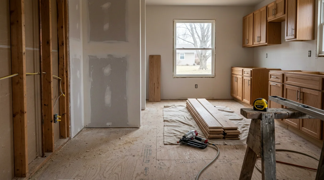 Renovated interior living space in an Elburn, Illinois home showing updated drywall, fresh framing, and a clean open layout. Work completed by DAmore Contractors, a general contractor serving Kane County.