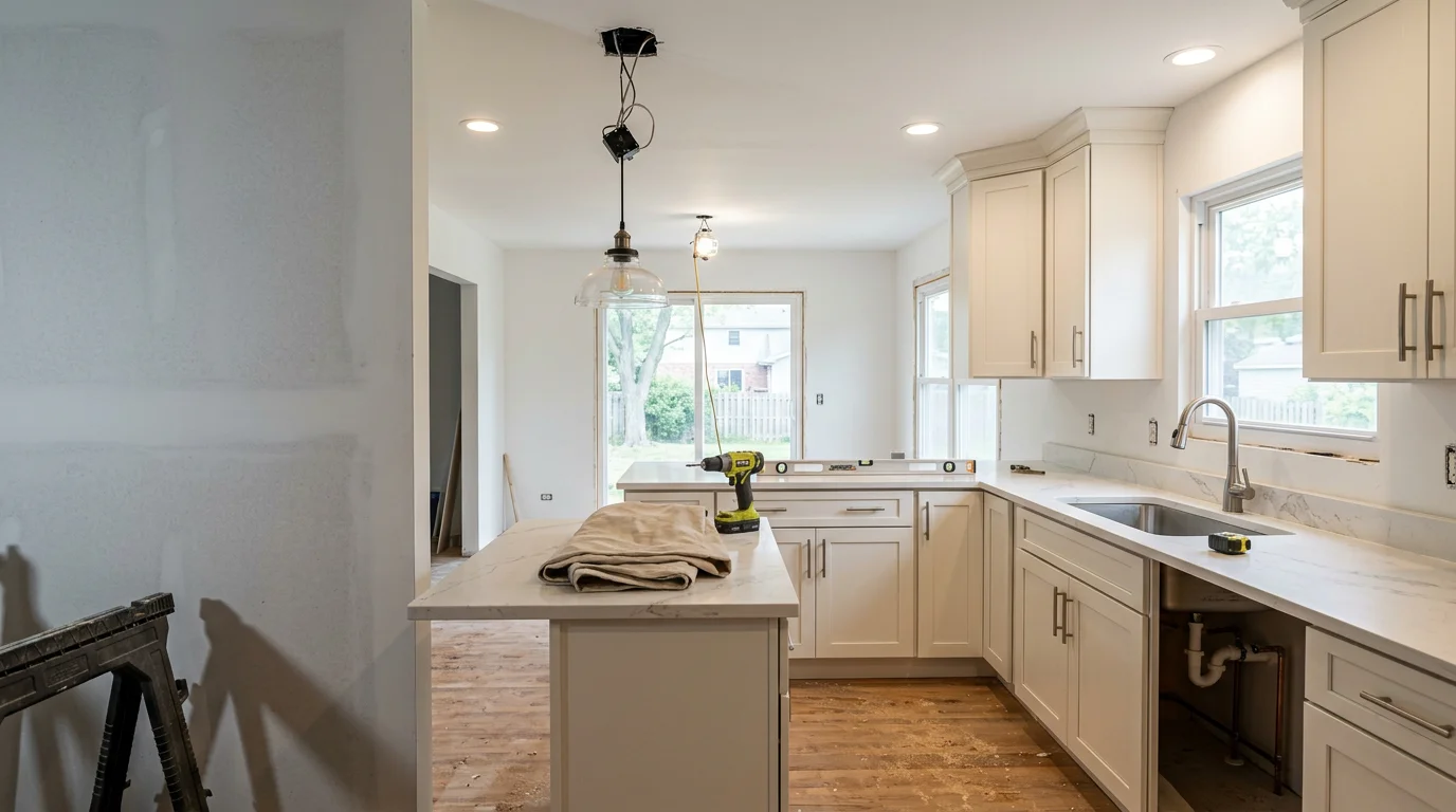 Finished kitchen remodel in an Elburn, Illinois home showing new cabinetry, quartz countertops, and updated layout. Interior renovation completed by DAmore Contractors serving Kane County.