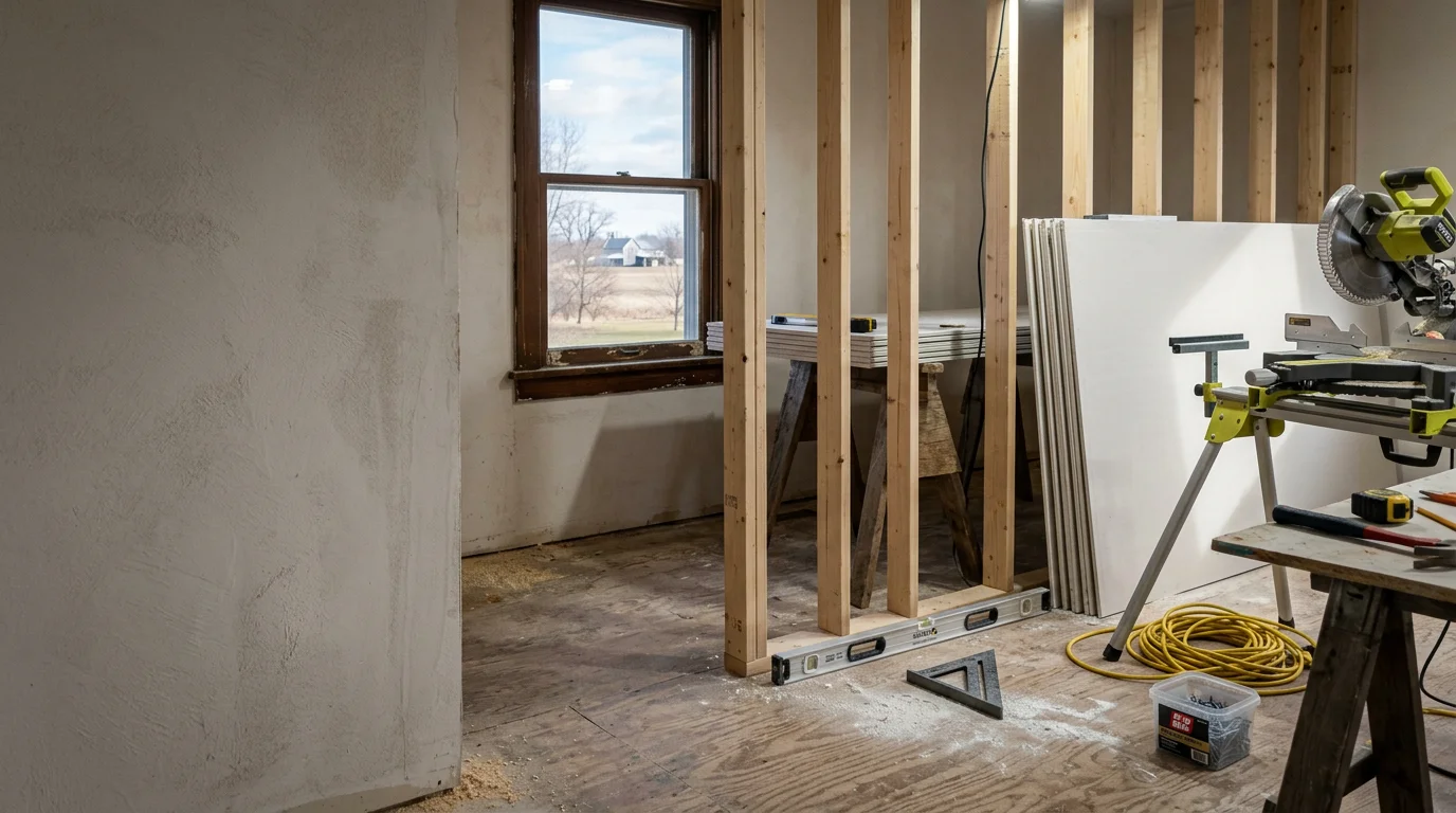 Remodeled interior living space in an Elburn, Illinois home showing updated framing, fresh drywall, and new carpentry work. Kane County residential remodeling project completed by DAmore Contractors.